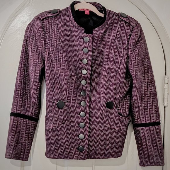 BETSEY JOHNSON Purple & Black Wool Blend Herringbone Tailored Jacket, Size 2 / 4 - Picture 1 of 8
